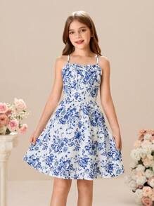 Tween Girls' Ditsy Floral Smock Ruffle Strap Chiffon Dress - Blue - View 3