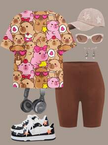 SHEIN 2 piezas Conjunto casual para niñas: Camiseta holgada con estampado de Lulicore en rosa y marrón y pantalones cortos elásticos de tipo ciclista, adecuados para el verano