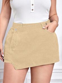 EMERY ROSE Plus Size Asymmetric Denim Shorts, Casual Summer - Apricot - View 1