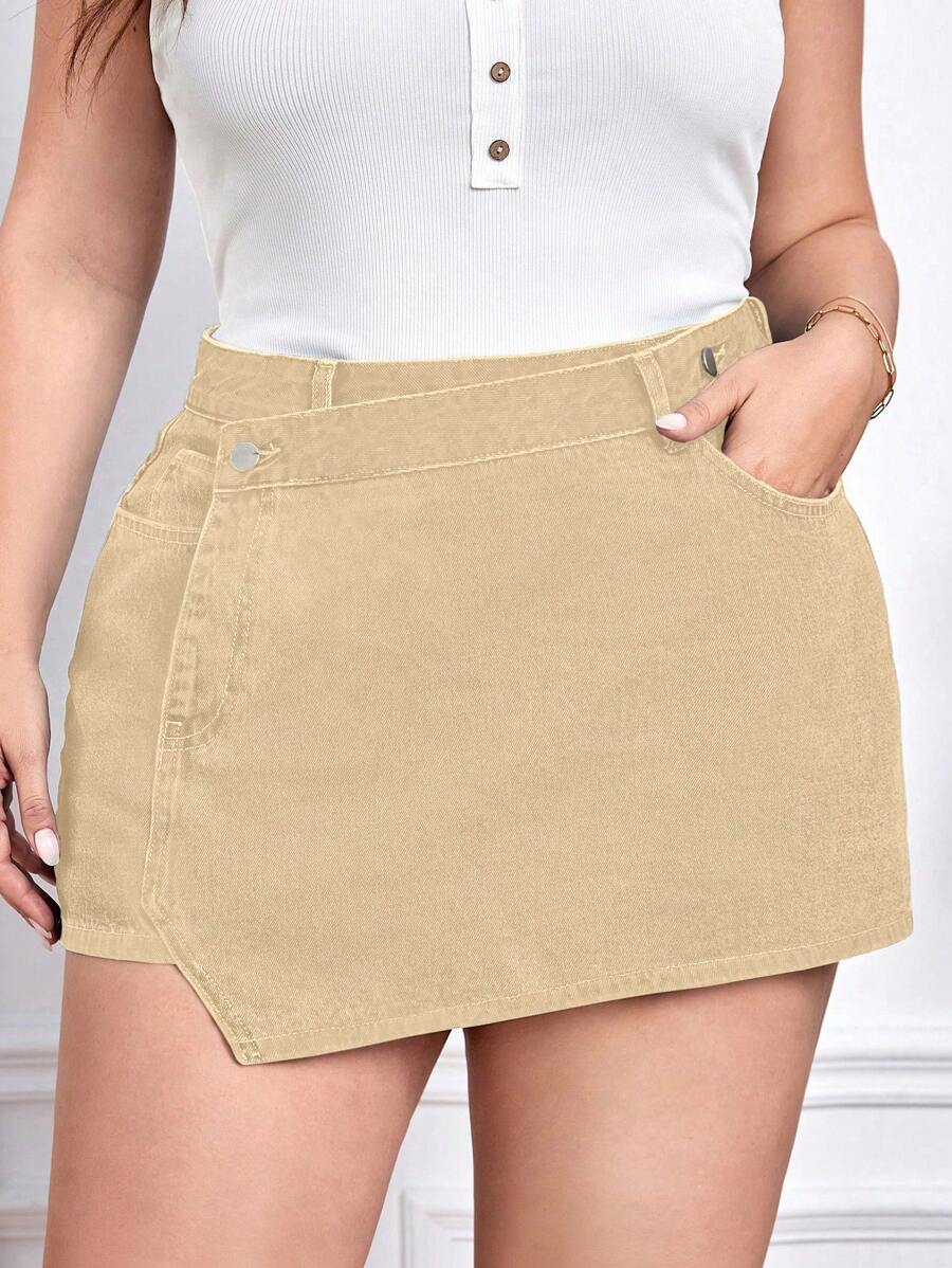 EMERY ROSE Plus Size Asymmetric Denim Shorts, Casual Summer - Apricot - View 1