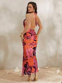 Silquee Summer Women's Boho Red Orange Floral Print Backless Camisole Top And Skirt 2 Pieces Set,Elegant Holiday Beach Resort Wear,Vacation Party Outfit - Multicolor - View 3