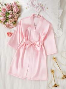 Young Girls Floral & Letter Print Robe Sleepwear Fall Winter - Pink - View 3