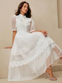Anewsta Women's Solid Color Simple Daily French Lace Splice Puff Sleeve Mini Dress - White - View 6