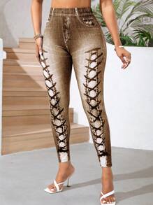 SHEIN Lady Leggings casuales con cordones y patrón de ojales para mujer - Marrón - Ver 5