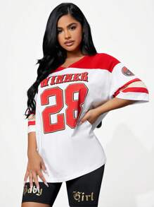 SHEIN SXY Colourblock & Letter Graphic Drop Shoulder Longline Tee - Red - View 4