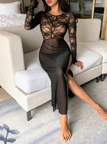 DAZY 蕾丝拼接透视网纱镂空高开衩修身性感女士睡裙内衣 - 黑色 - 查看 3