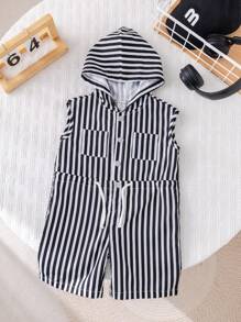 SHEIN Combinaison à capuche rayée noire et blanche style coréen décontracté d'été pour bébé garçon nouveau-né. Combinaison rayée pour enfants - Multicolore - Voir 8