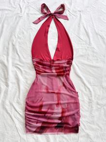 Soleia Vestido mini halter con volantes y estampado floral, estilo vacacional para mujer - Multicolor - Ver 2
