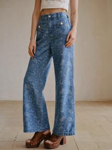 MOTF PREMIUM PAISLEY PRINT PATCH POCKET FLARE LEG JEANS