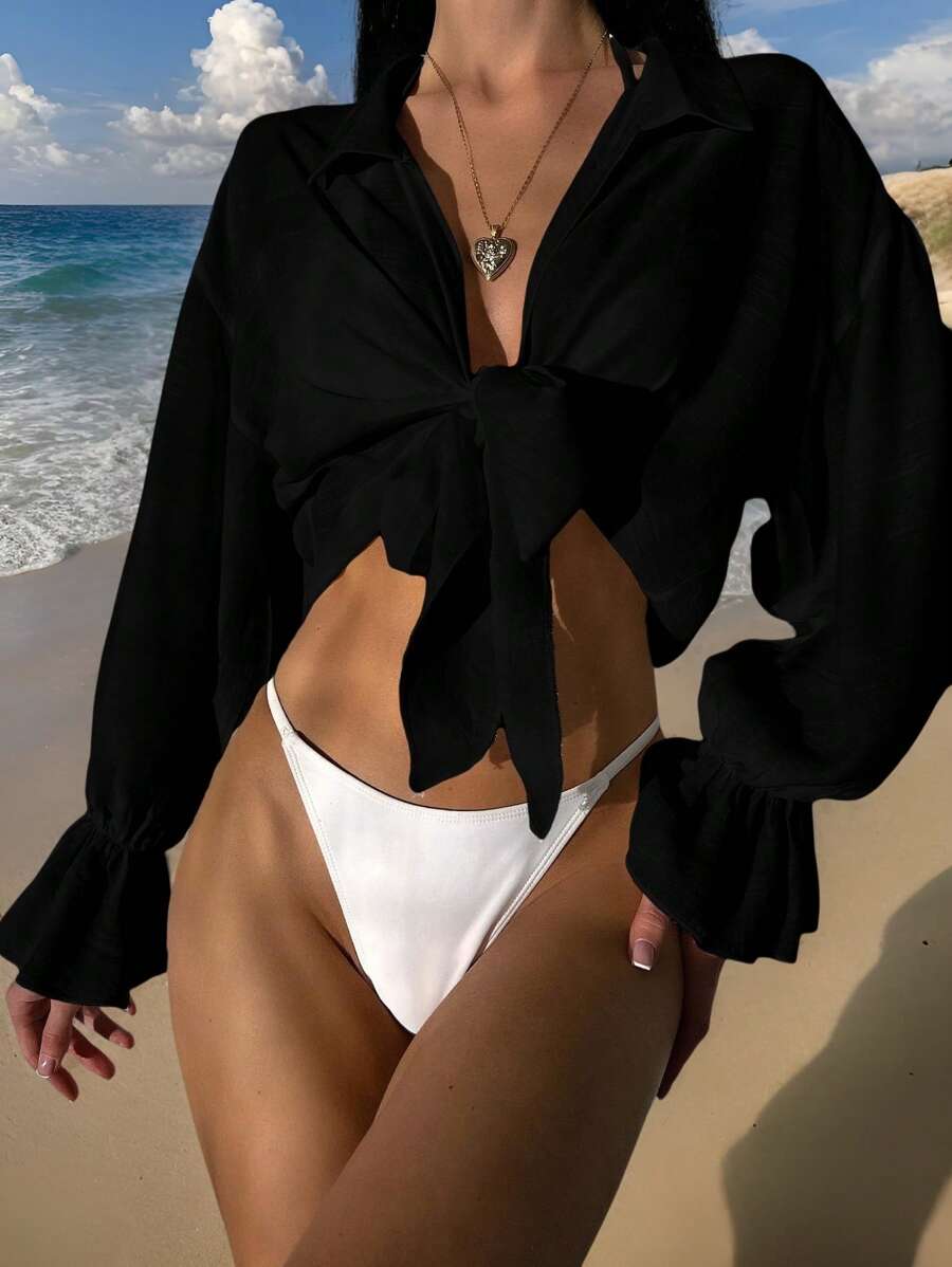 SHEIN Swim Vcay Kimono Nữ Xù Thắt nơ trước màu trơn Giải trí