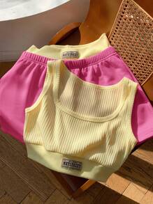 Comfortcana 女式字母印花背心和撞色拼接短裤套装，两件套服装，夏季 - 彩色 - 查看 6