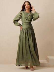 Anewsta Women Olive Green Long Sleeve Pleated Waist Shiny Dress, Elegant And Versatile - Olive Green - View 5