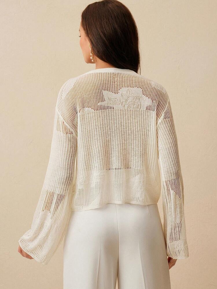 Women Beige Hollow Out Crew Neck Long Sleeve Sweater Knit Pullover Fall Winter