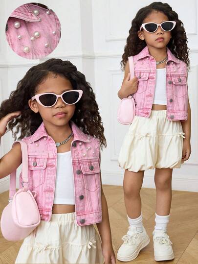 SHEIN Jeunes filles' Gilet en jean sans manches décoré de perles avec col châle rose