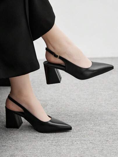 CUCCOO BIZCHIC Bombas de tacón medio ancho con punta puntiaguda y talón abierto en negro, diseño minimalista clásico para el trabajo, citas, fiestas, vacaciones, bodas