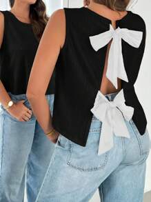 SHEIN Essnce Blusa sin espalda de tela texturizada cómoda y suelta de verano para mujer de talla grande, con lazo, sin mangas, de color negro, ideal para salidas, ropa estilo Y2K, verano europeo, Coachella, blusas de verano lindas, ropa occidental para mujer
