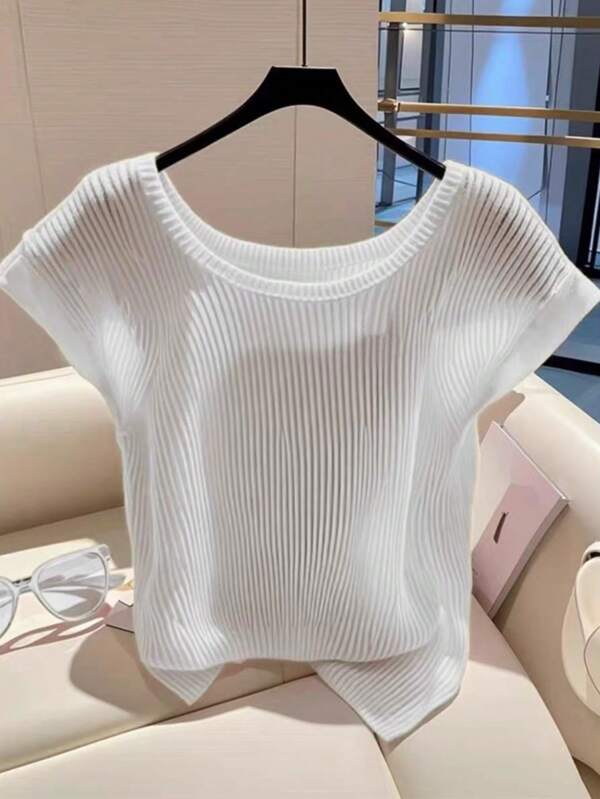 Franclia Women Round Neck Slim-Fit Layering Knitted Short Sleeve T-Shirt, High-End Feeling