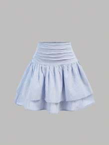 Set 2 buc. bluză și fustă camisol cu dungi și tiv cu volane, pentru fete preadolescente, asortate - Albastru - Vizualizare 3