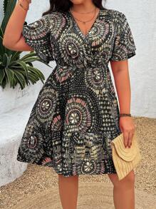 SHEIN Clasi Plus Size All-Over Print Short Sleeve Casual Vacation Dress - Black - View 3