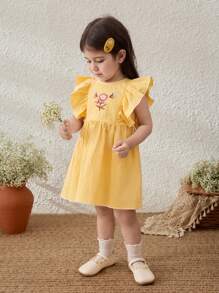 Blossori Cute Yellow Cotton Blend Baby Girl Dress With Floral Embroidery And Ruffle Detail - Yellow - View 4