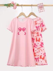 Genkimix Kids Tween GirlsSweet Pink Base Butterfly Print A-Line 2 Pieces Nightgown Set With Short Sleeves