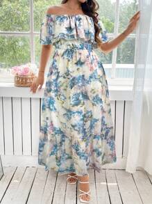 SHEIN Clasi فستان كتف مكشوف بطبعات أزهار أنيقة للمقاسات الكبيرة