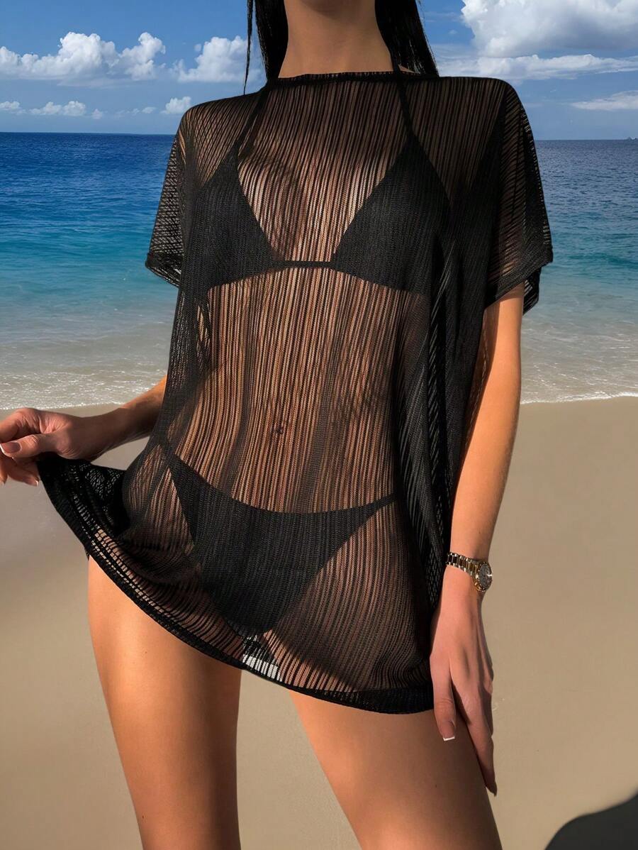 SHEIN Swim Acoperire/Șal cu mânecă scurtă din plasă transparentă