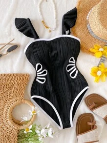 Tween Girls' Floral Hollow Out Ruffle One-Piece Swimsuit