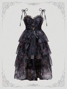 ROMWE Avant Váy 2 trong 1 in hoa toàn thân màu đen cổ điển cỡ lớn tuyệt đẹp có thể tháo rời nhiều chân váy - Phong cách cung điện, Váy sinh nhật, Váy đi biển, Váy xếp chồng, Váy - Nhiều màu - Xem 11