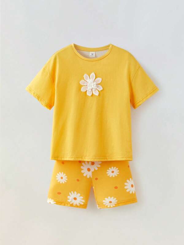 Maija Kids Maija Kids Set de 2 piese pentru fete, tricou și pantaloni scurți cu guler rotund și mânecă scurtă, model floral 3D