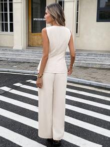SHEIN Frenchy 2pcs Women Square Neck Solid Color Sleeveless Single Button Up Top And Loose Fit Wide Leg Pants Set Summer Casual - Apricot - View 2
