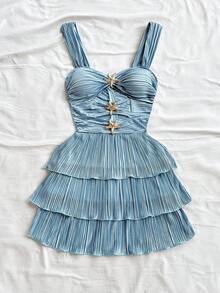 Soleia 度假绿色牙签褶饰金属海星镂空荷叶迷你背心裙 - 藍色 - 查看 6