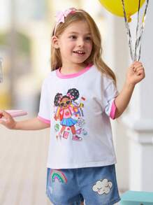 SHEIN Young Girl White Summer School Back-To-School Cartoon Pattern Contrast Color Round Neck Short Sleeve T-Shirt For Kindergarten Daily Wear Photo Shoots - White - View 8