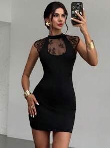 Firerie Women's Elegant, Romantic, Sexy Lace Hollow-Out Black Contrast Mesh Sleeveless Stand Collar Backless Mini Bodycon Dress, Suitable For Prom, Graduation, Music Festival, Summer