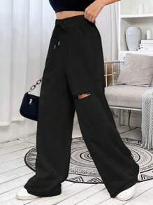 SHEIN EZwear 女式黑色抽绳腰阔腿休闲运动裤 - 黑色 - 查看 3