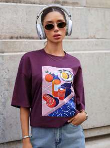 SHEIN Camisetas de mujer de manga corta con detalles impresos de unicolor