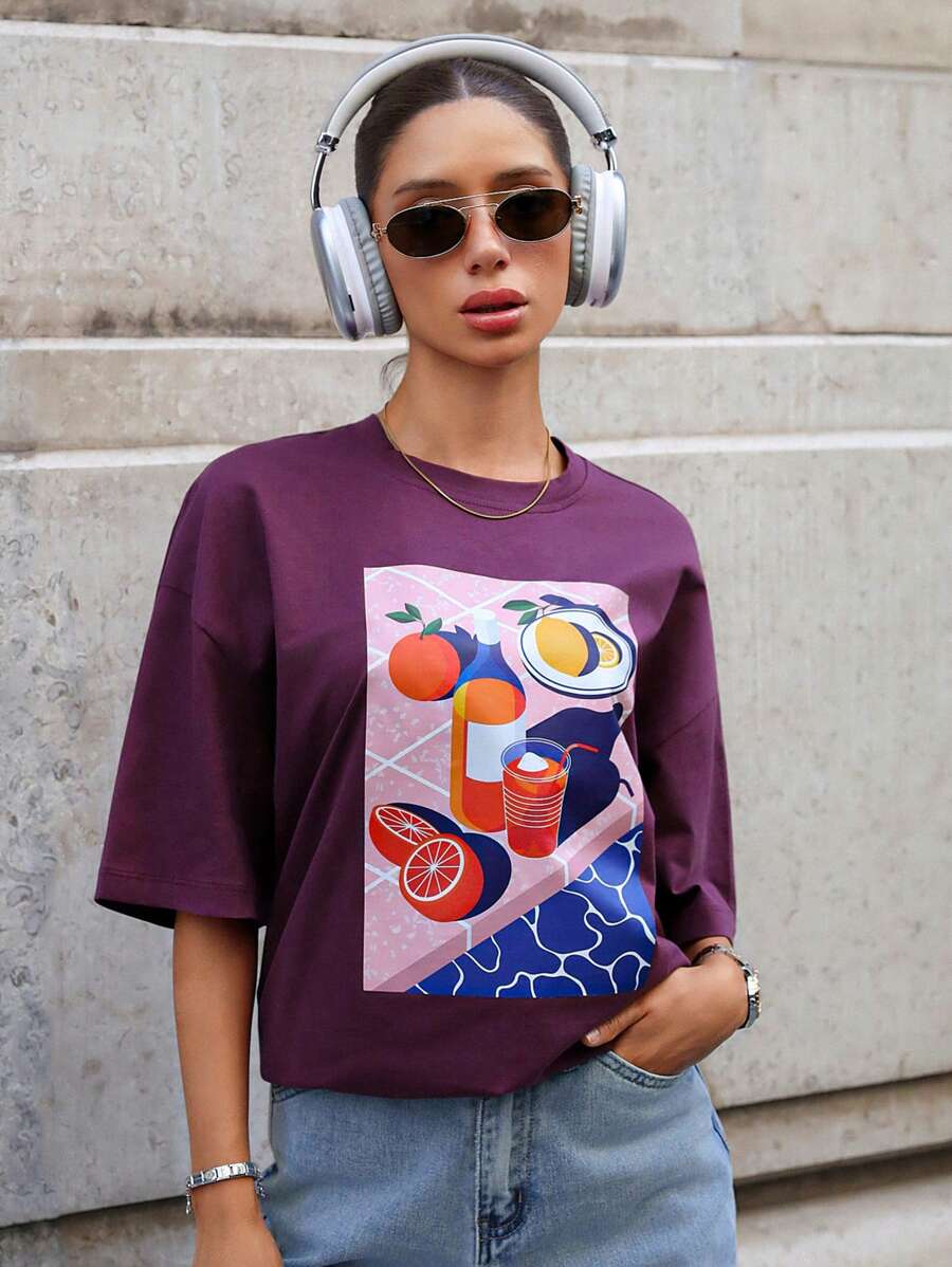 SHEIN Camisetas de mujer de manga corta con detalles impresos de unicolor