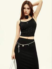 INAWLY 2pcs/Set Women's Fashion Rhinestone Decor Camisole And Bodycon Skirt Set - Black - View 6