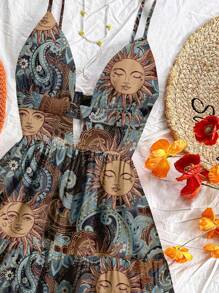 Soleia Casual Resort Style Blue Sun God Paisley & Cashew Retro Pattern Women's V-Neck Hollow-Out, Backless Ruffled Hem Mini Dress, Suitable For Summer Vacation,Boho Clothes Women
