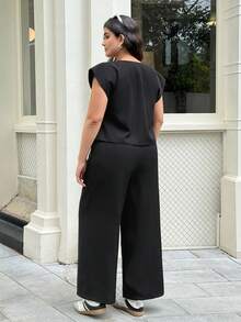 SHEIN EZwear 秋冬大码女式黑色盖袖西装套装 - 黑色 - 查看 2
