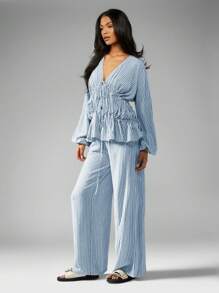 MISSGUIDED Long Sleeve Ruched Corset Style Tie Front Wide Leg Palazzo Lounge Pant Blouse Co Ord Vacation Summer Resort Wear - Blue - View 5