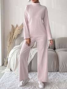 EURMUSE Drop Shoulder T-Shirt mit Stehkragen, & Hose - Pink - Übersicht 3