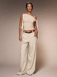 Glamine 女士杏色 PU 腰带装饰口袋阔腿裤，时尚百搭，优雅，适合办公室通勤，夏季