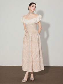 Modelyn 女式露肩花卉提花褶饰优雅连衣裙 - 杏色 - 查看 6