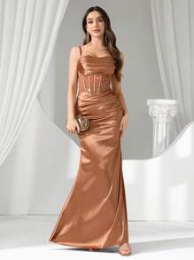 Coutiva 女式水钻装饰透视长款晚礼服 - 咖啡棕 - 查看 7