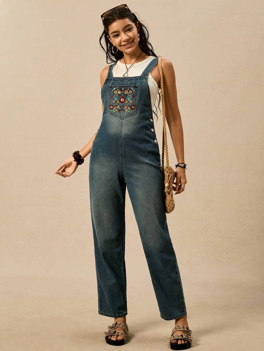 Easelle 女式复古做旧牛仔刺绣连体裤，夏季无袖休闲背带裤 - 藍色 - 查看 1
