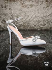 SHUZIA 宽版畅销女士水钻踝带和蝴蝶结装饰尖头细高跟鞋 PU 白色高跟鞋 - 优雅、迷人、彰显个性。 - 白色 - 查看 7