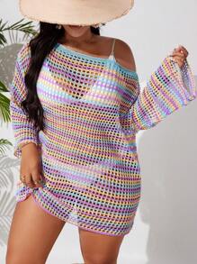 Swim Vcay 加大码宽松拼色性感不对称不对称领口喇叭袖钩针镂空罩衫度假罩衫