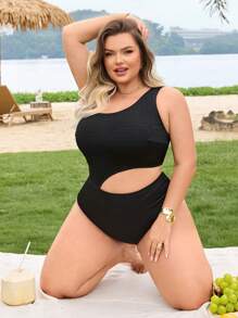 SHEIN CURVE+ Plus Size Women One-Piece High Elasticity Fabric Solid Color Sexy Elegant Beach/Pool Swimsuit For Summer Beach Vacation - Black - View 3
