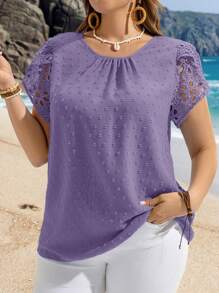 EMERY ROSE Plus Size Women Round Neck Short Sleeve Casual Blouse Summer Tropical Vacation Modest Top For Beach - Purple - View 6